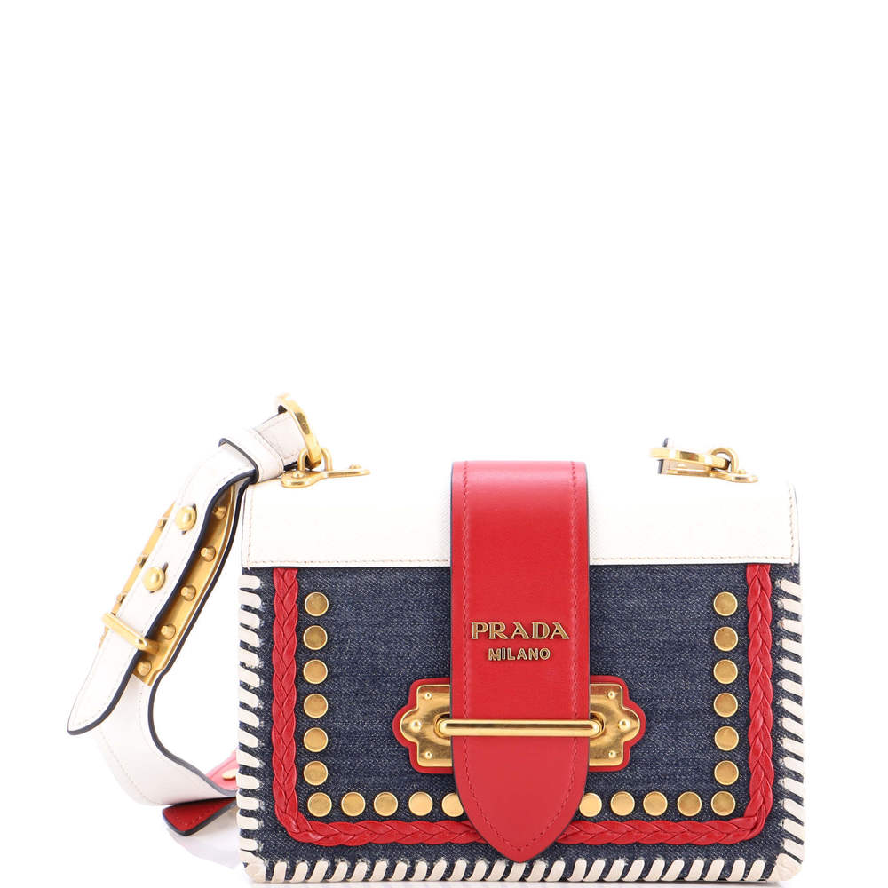 Prada Small Cahier Crossbody Bag Embellished Denim and Leather